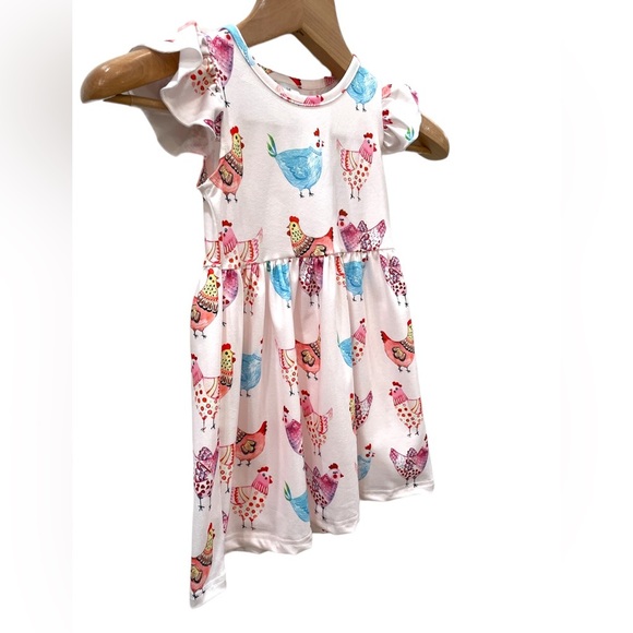 New Girls Chicken Ruffle Sleeve Light Pink Round Neck Kids Farm Twirly Dress - Picture 2 of 5